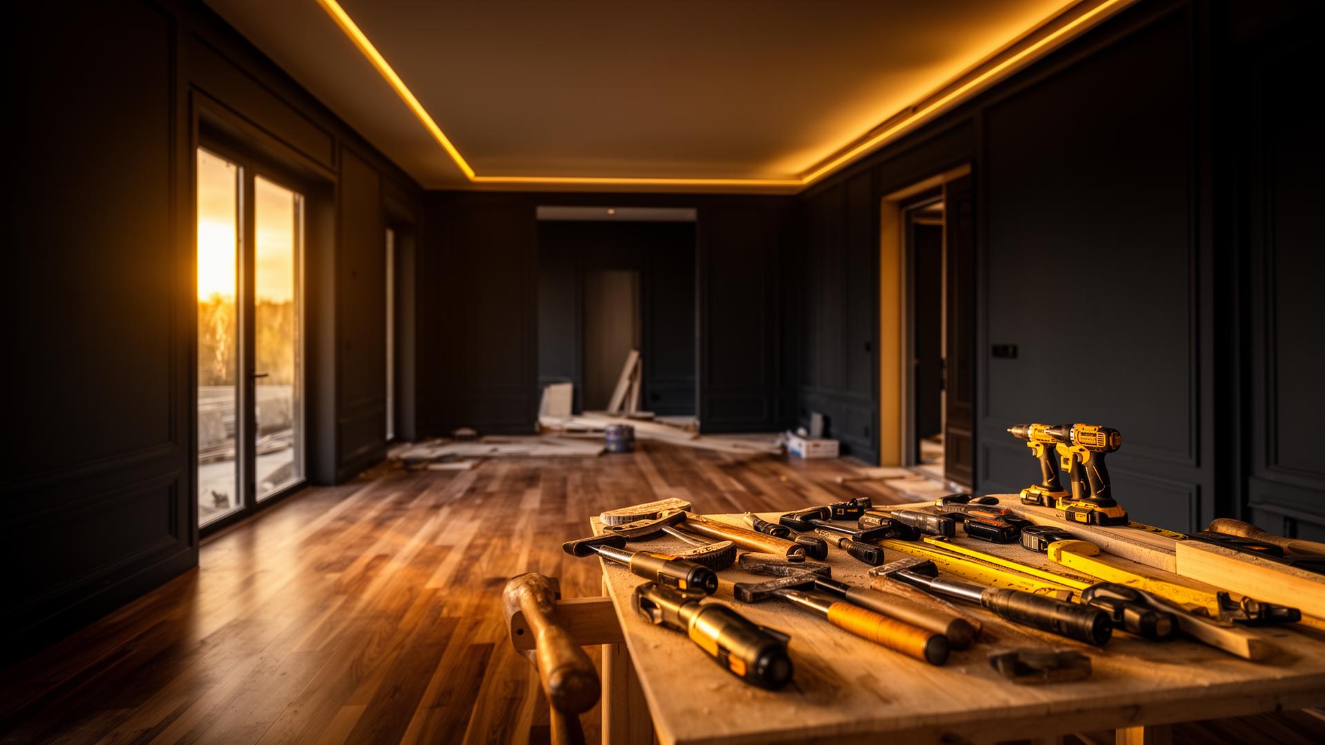 Luxury home renovation interior at golden hour